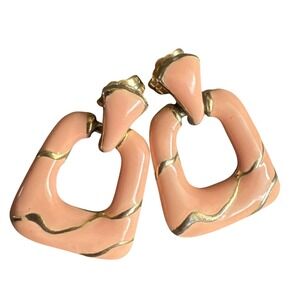 Vintage Earrings Pink Gold Tone Geometric Square‎ Dangle Drop Clip On